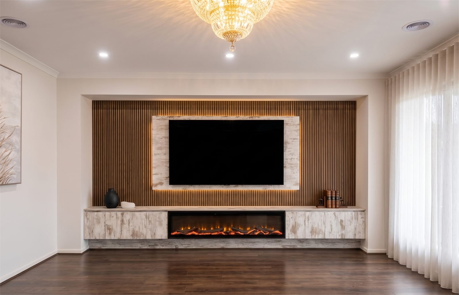Entertainment unit with fluted timber panelling
