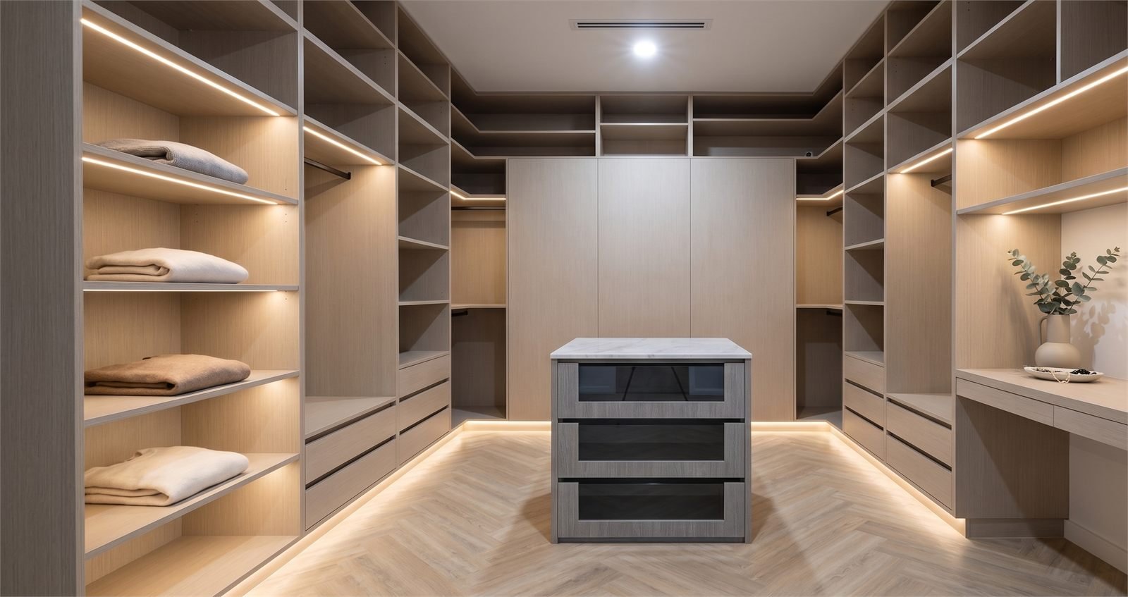 Walk-in wardrobe with dresser island, Fraser Rise